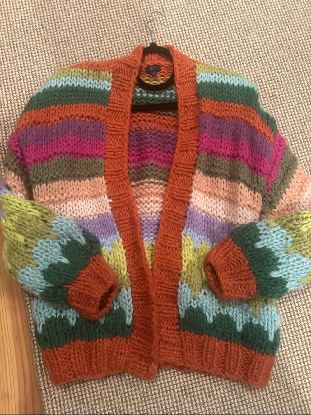 debut Multicolor Chunky Knit Open Cardigan with Orange Trim